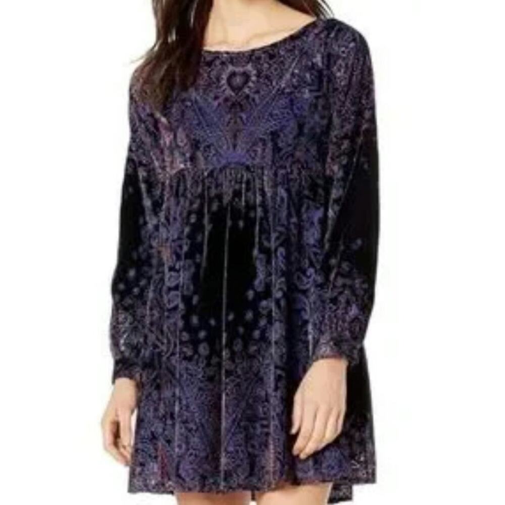 Free People Black and Purple Patterned Midi Dress